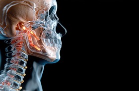Illustration of human skull with TMJ highlighted